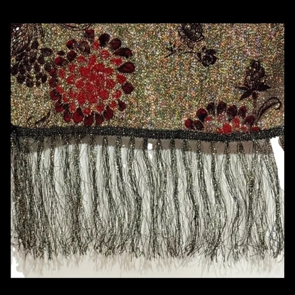 Vintage Gold Shimmery Scarf Red & Brown Floral Print Shimmery Gold Black Fringe - Picture 9 of 11